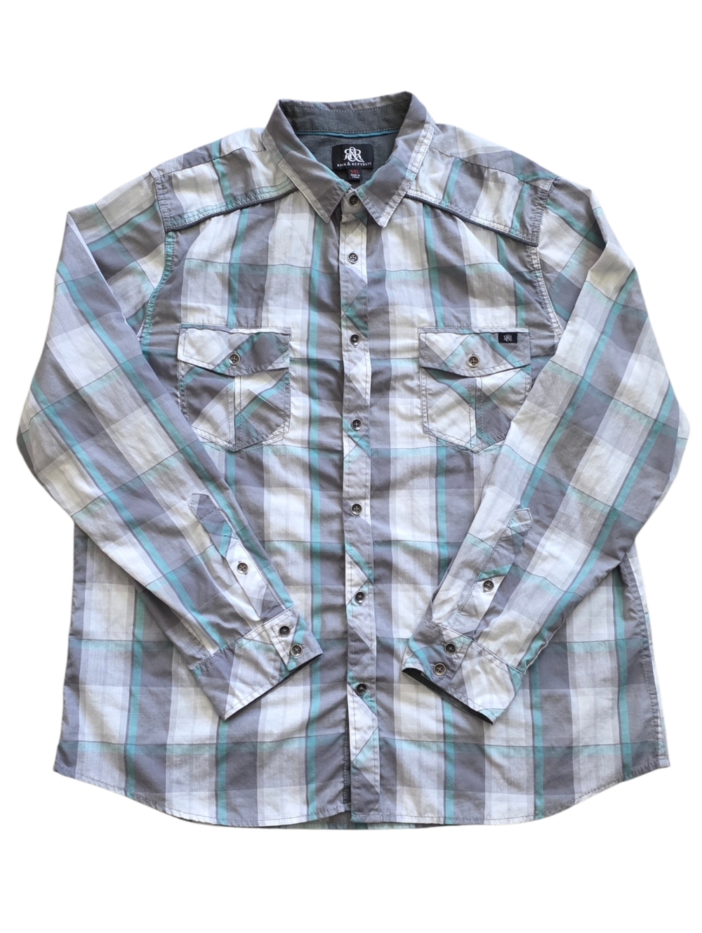 Rock & Republic 2XL Gray Teal Plaid Button Down Shirt XXL